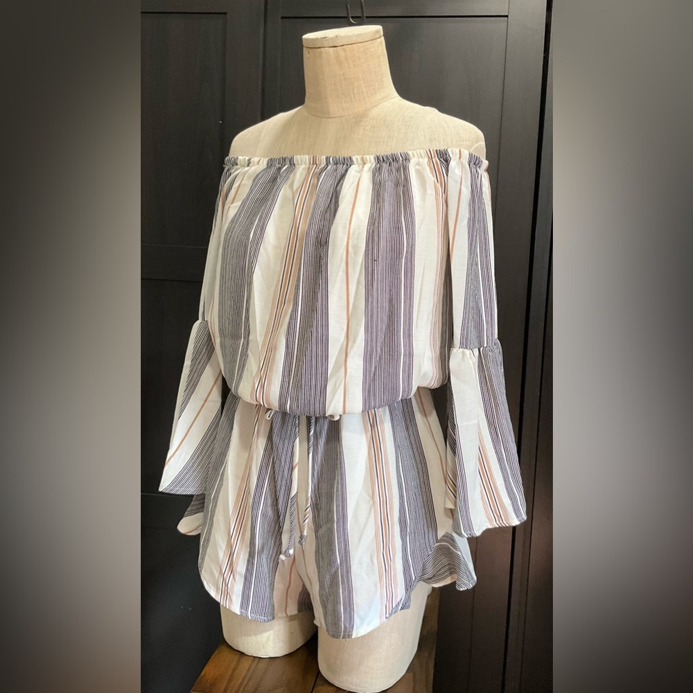 Striped Long Sleeve Romper With Belt